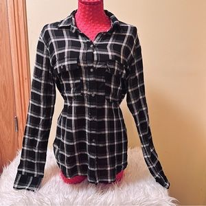 Hollister Black Plaid Button Up Lightweight Blouse